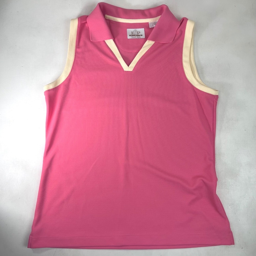 EP Pro Tour Tech Sleeveless Golf Polo Shirt Pink Beige Trim Large Golfcore‎